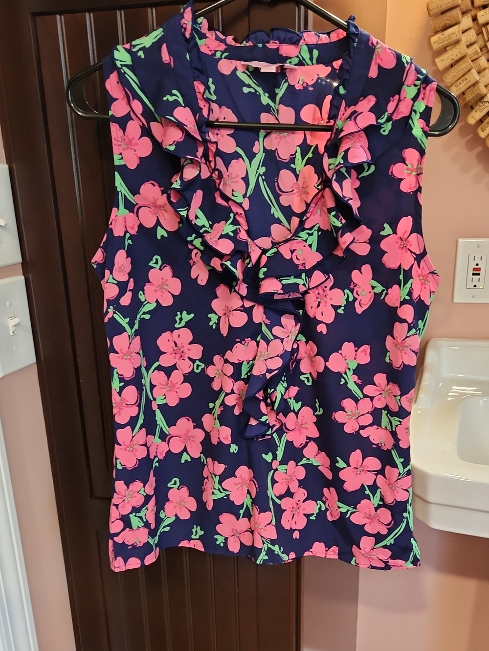 Lilly Pulitzer Navy Blouse with Pink Navy Floral Print Sz S Side Zipper